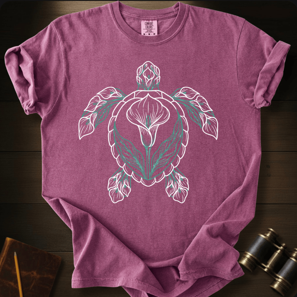 Full Sail Marine Verdant Tide sea turtle graphic Comfort Colors t-shirt in berry – botanical leaf turtle ocean art design – front view