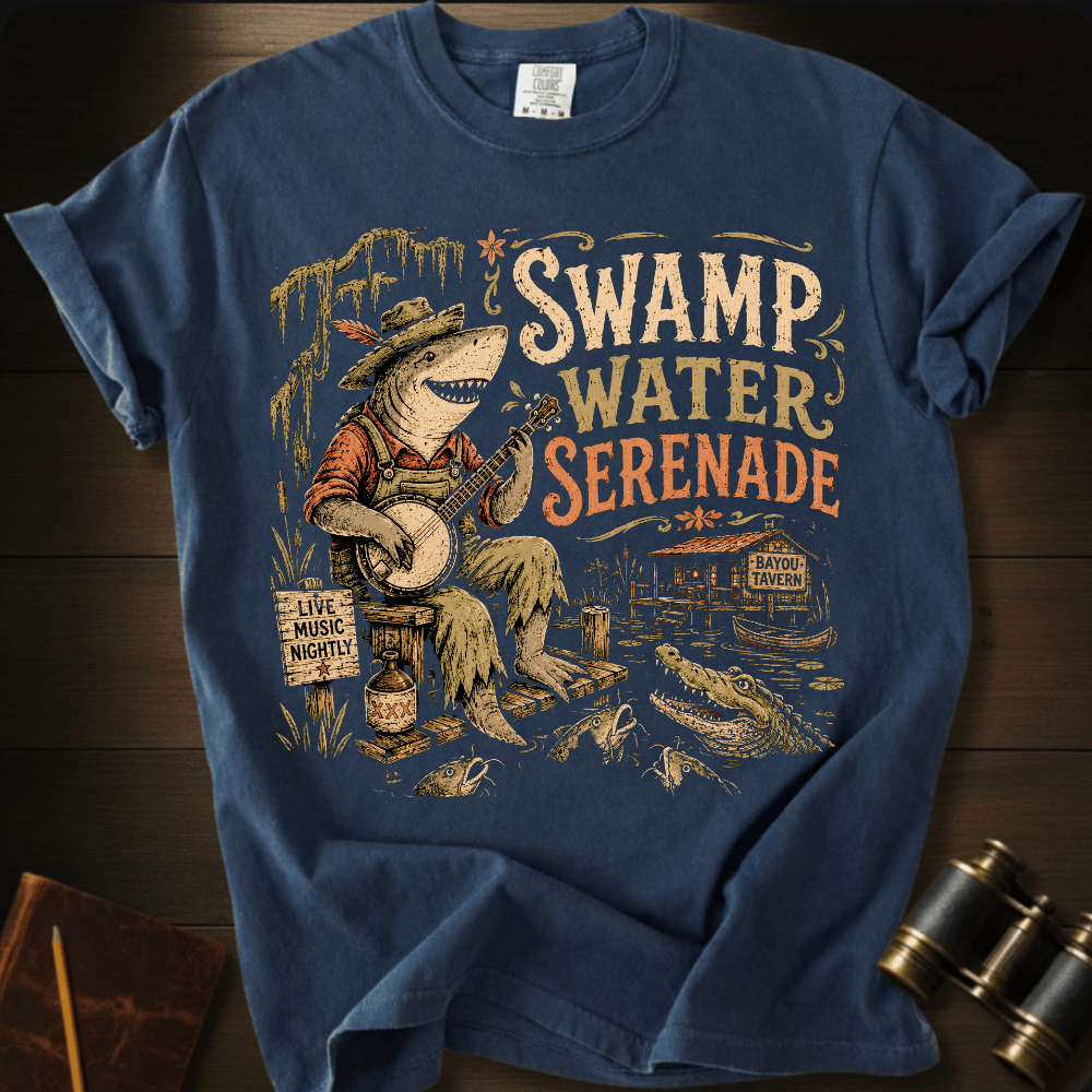 Swamp Water Serenade music graphic on a Comfort Colors t-shirt – Full Sail Marine coastal apparel