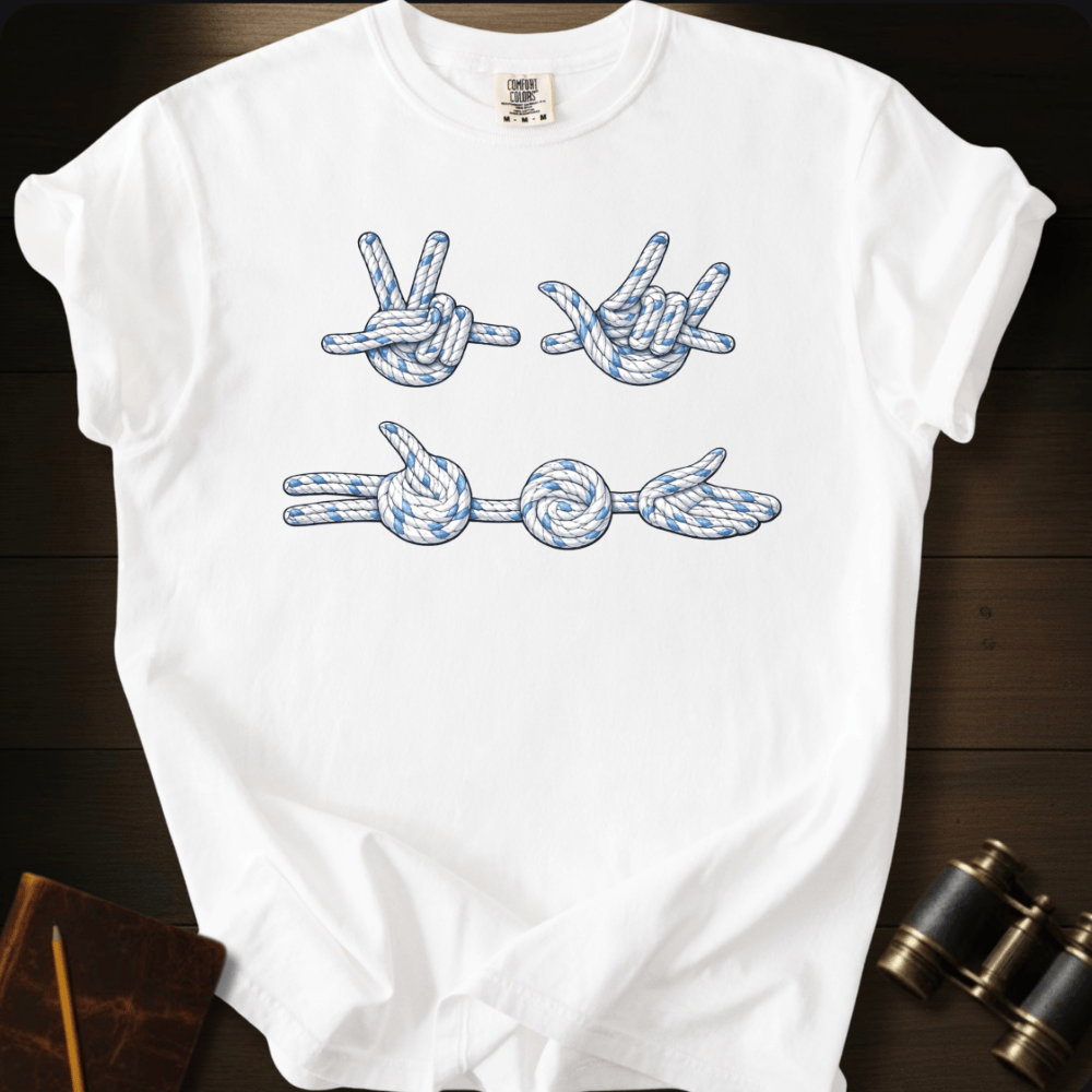 Tied to the Sea nautical graphic on a Comfort Colors unisex tee – Full Sail Marine sailing apparel
