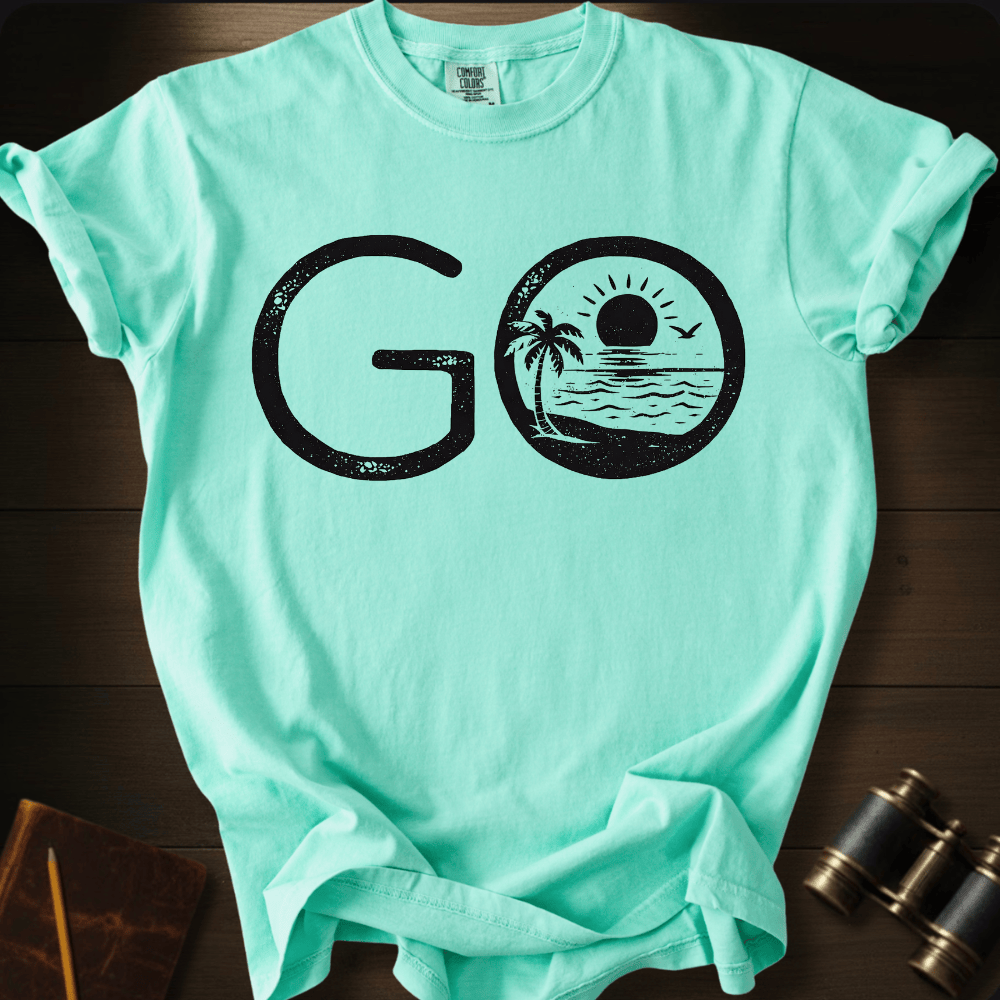Full Sail Marine Go! tropical beach palm tree graphic Comfort Colors t-shirt in island reef green – GO text with sunset ocean scene – front view