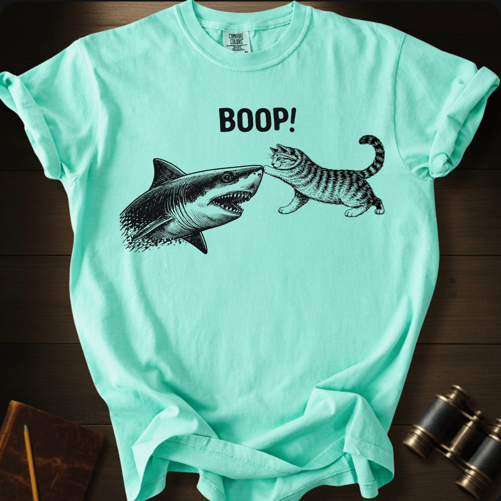Full Sail Marine Cat Boop shark graphic Comfort Colors t-shirt in island reef green – cat booping great white shark nose – front view