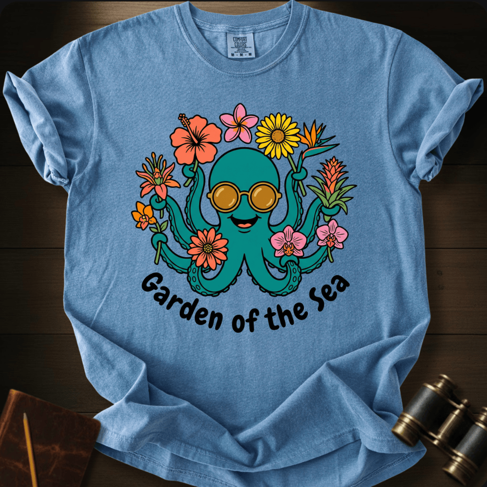 Full Sail Marine Garden of the Sea colorful octopus with sunglasses and flowers graphic Comfort Colors t-shirt in blue jean – tropical ocean art design – front view