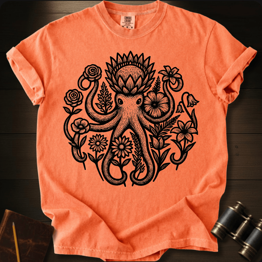 Full Sail Marine Savage Bloom floral octopus graphic Comfort Colors t-shirt in melon – detailed botanical kraken ocean art design – front view