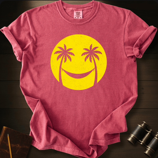 Full Sail Marine Smiley Sun palm tree smiley face graphic Comfort Colors t-shirt in bright salmon – happy sunshine tropical design – front view