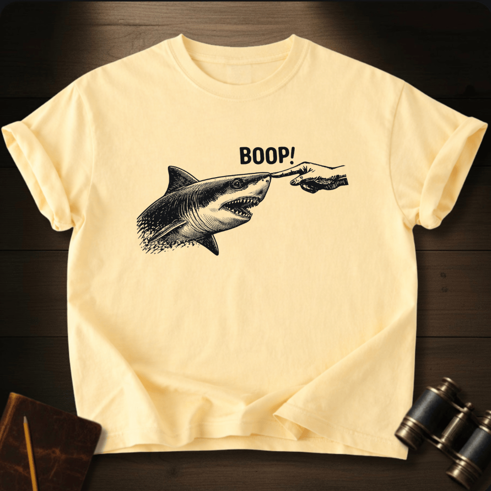 Full Sail Marine Boop shark nose touch graphic Comfort Colors women's boxy tee in butter – great white shark booping finger ocean art funny design – front view