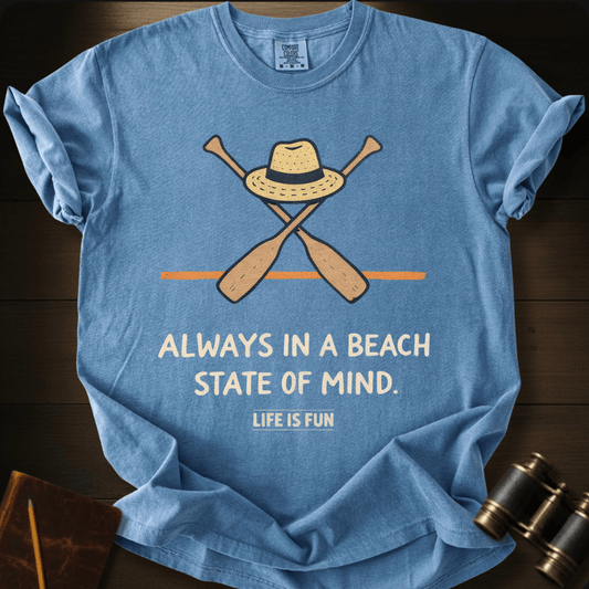 Full Sail Marine Beach State of Mind straw hat crossed oars graphic Comfort Colors t-shirt in Blue Jean – Always In A Beach State Of Mind Life Is Fun beach lifestyle text design – front view