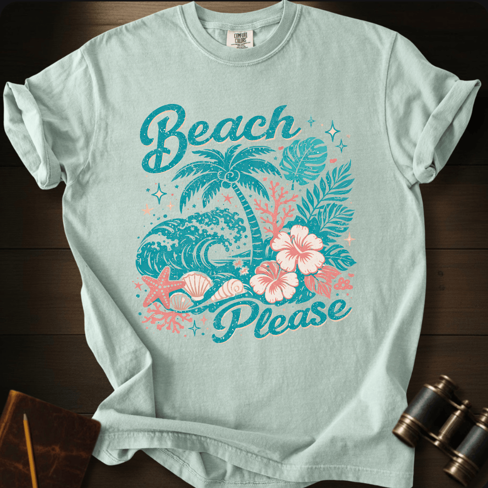 Full Sail Marine Beach Please tropical graphic Comfort Colors t-shirt in Seafoam – palm trees waves hibiscus flowers starfish seashells beach art design – front view