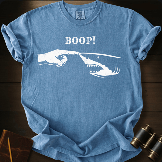 Full Sail Marine Boop shark nose touch graphic Comfort Colors t-shirt in Blue Jean – great white shark booping finger ocean art funny design – front view
