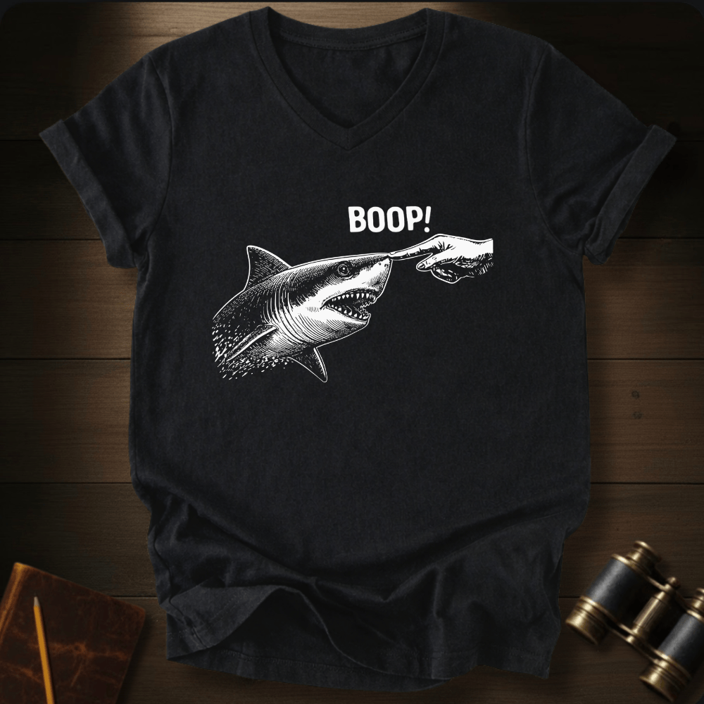 Full Sail Marine Boop shark nose touch graphic Comfort Colors v-neck t-shirt in dark gray – great white shark booping finger ocean art funny design – front view
