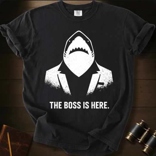 Full Sail Marine The Boss Is Here shark in a suit funny graphic Comfort Colors t-shirt in black – ocean boss humor design – front view