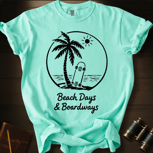 Full Sail Marine Beach Days and Boardways palm tree skateboard graphic Comfort Colors t-shirt in island reef green – tropical beach surf scene – front view