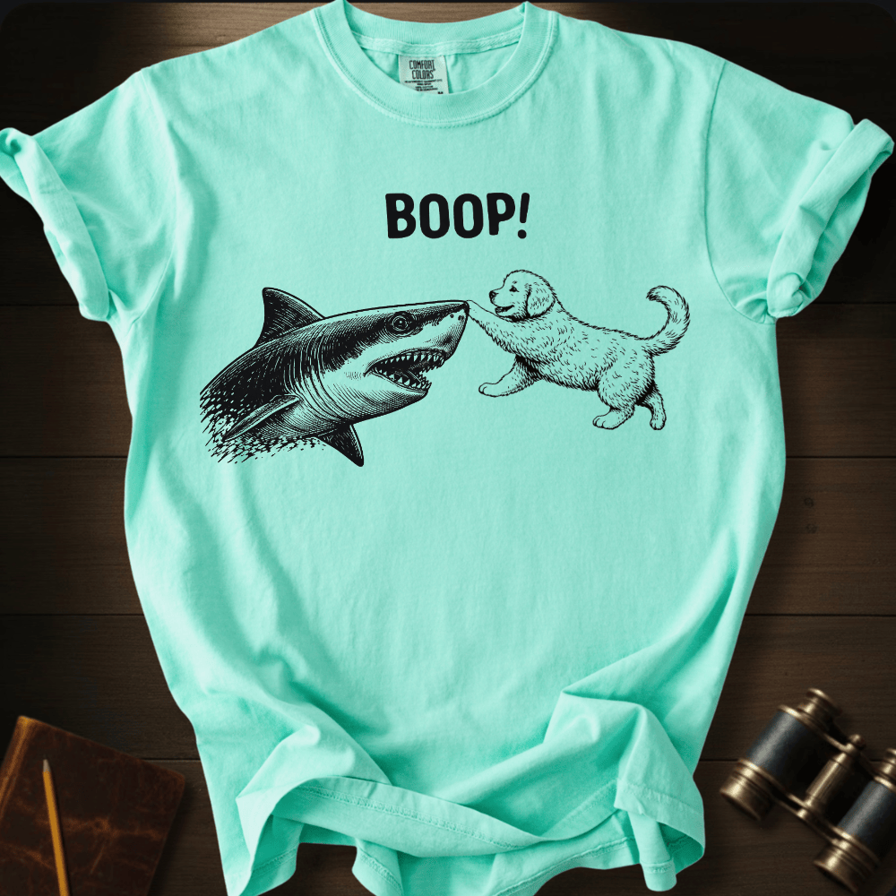 Full Sail Marine Puppy Boop shark graphic Comfort Colors t-shirt in island reef green – puppy booping great white shark nose – front view