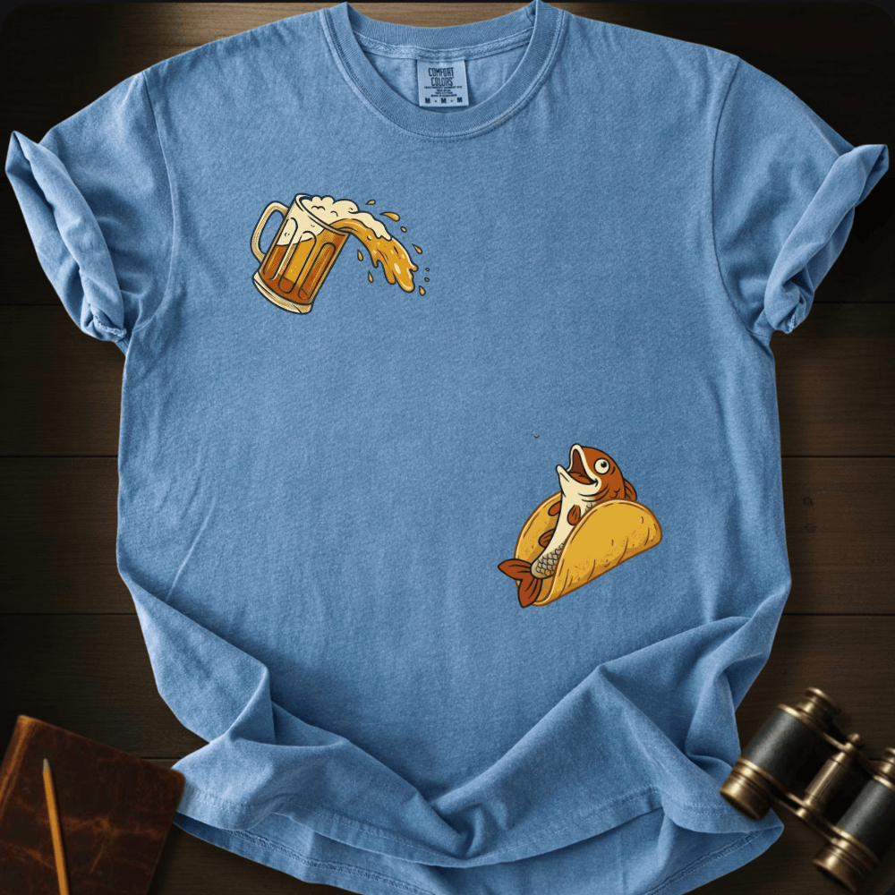 Beer and Fish Taco beach food graphic on a Comfort Colors unisex tee – Full Sail Marine coastal apparel