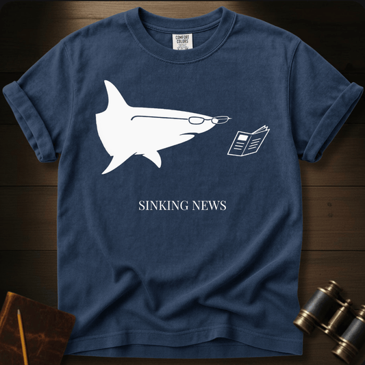 Full Sail Marine Sinking News shark reading newspaper funny graphic Comfort Colors t-shirt in blue jean – ocean humor design – front view