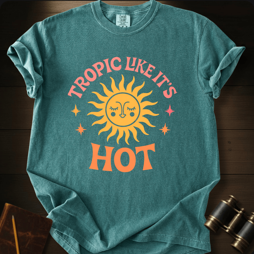 Full Sail Marine Tropic Like Its Hot sun face graphic Comfort Colors t-shirt in Blue Spruce – retro sunshine with sparkle stars tropical summer text design – front view
