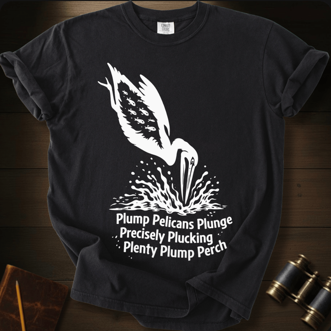 Plump Pelicans Plunge pelican graphic on a Comfort Colors unisex tee – Full Sail Marine coastal apparel