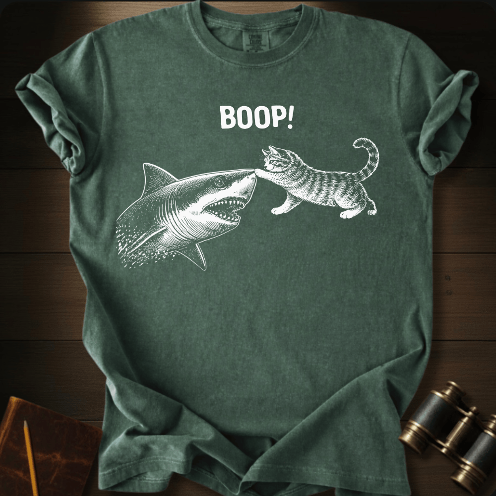 Full Sail Marine Cat Boop shark graphic Comfort Colors t-shirt in hemp green – cat booping great white shark nose – front view