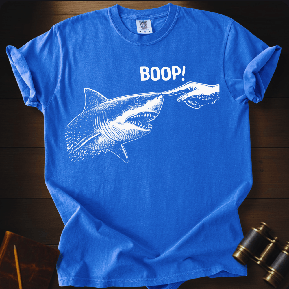 Full Sail Marine Boop! shark booping dolphin nose funny graphic Comfort Colors t-shirt in neon blue – ocean wildlife humor design – front view