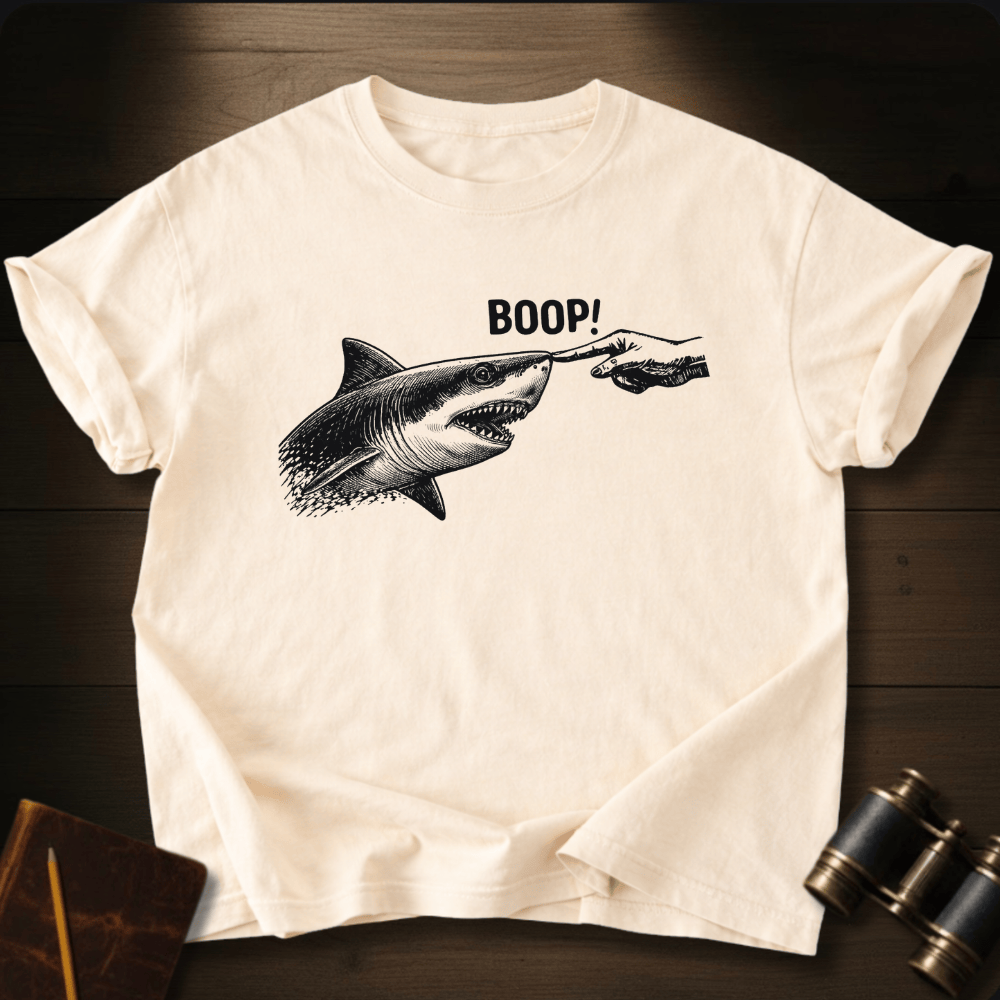Full Sail Marine Boop shark nose touch graphic Comfort Colors women's boxy tee in ivory – great white shark booping finger ocean art funny design – front view