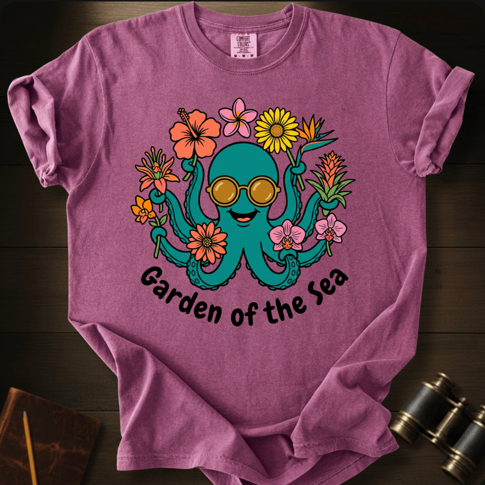 Full Sail Marine Garden of the Sea colorful octopus with sunglasses and flowers graphic Comfort Colors t-shirt in berry – tropical ocean art design – front view