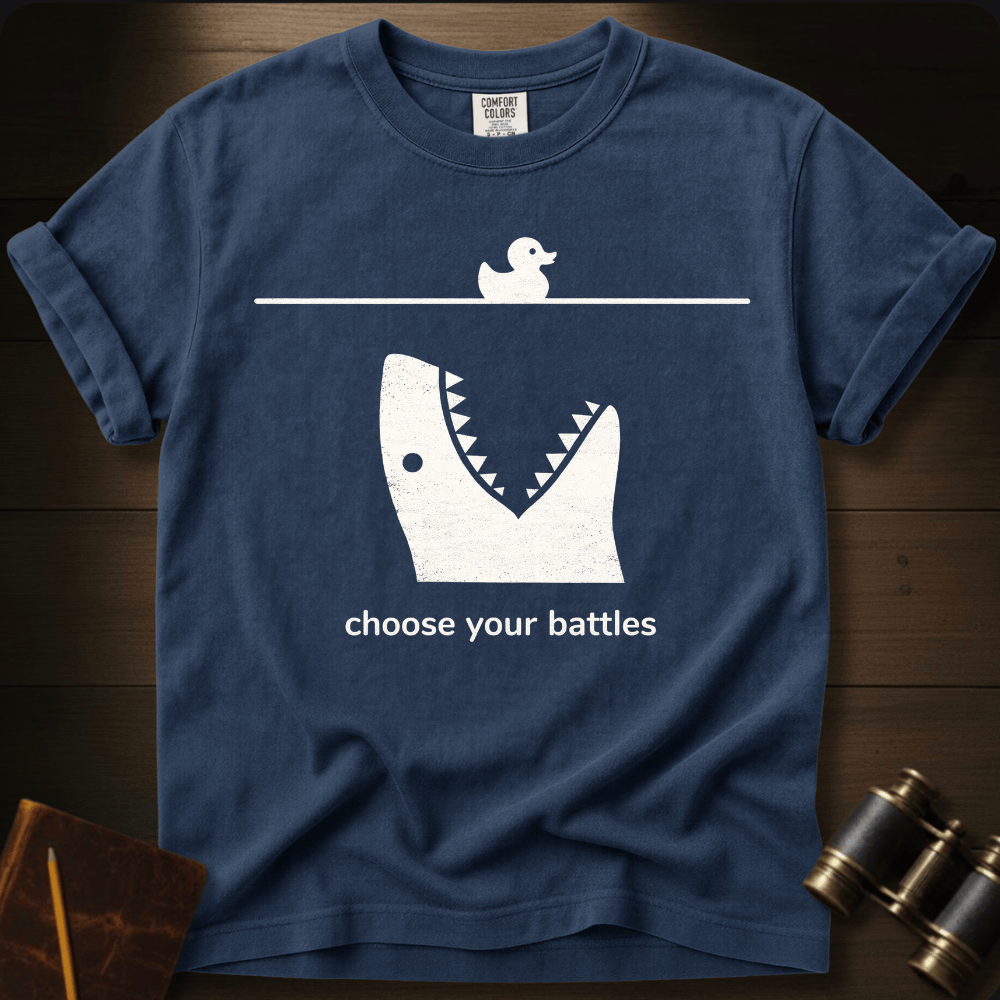 Full Sail Marine Choose Your Battles rubber duck and shark jaw funny graphic Comfort Colors t-shirt in navy – humorous ocean predator design – front view