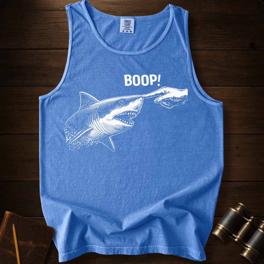Full Sail Marine Boop shark nose touch graphic Comfort Colors tank top in Flo Blue – great white shark booping finger ocean art funny design – front view