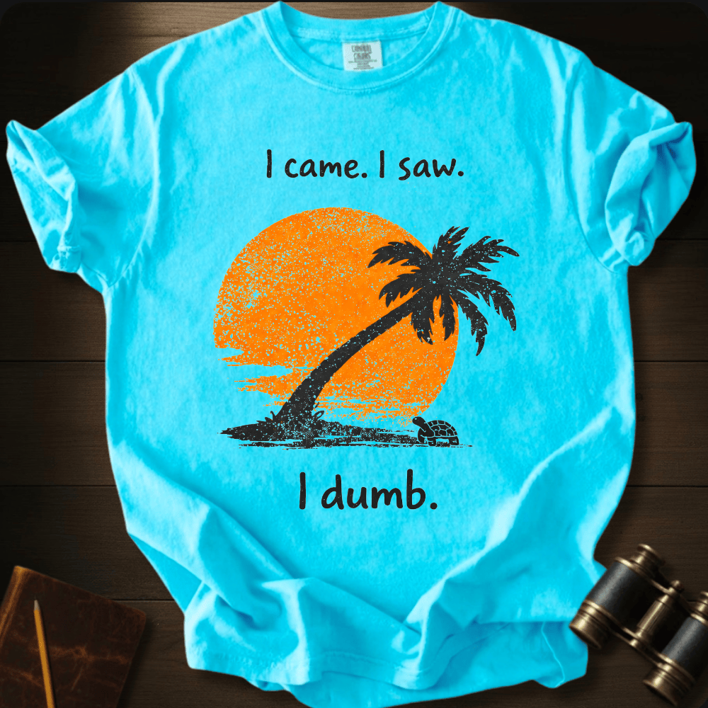 Full Sail Marine I Came I Saw I Dumb sunset palm tree graphic Comfort Colors t-shirt in Lagoon Blue – orange sun with palm tree silhouette beach scene funny text design – front view