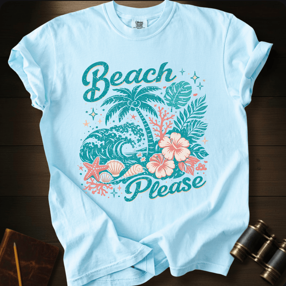 Full Sail Marine Beach Please tropical graphic Comfort Colors t-shirt in Chambray – palm trees waves hibiscus flowers starfish seashells beach art design – front view