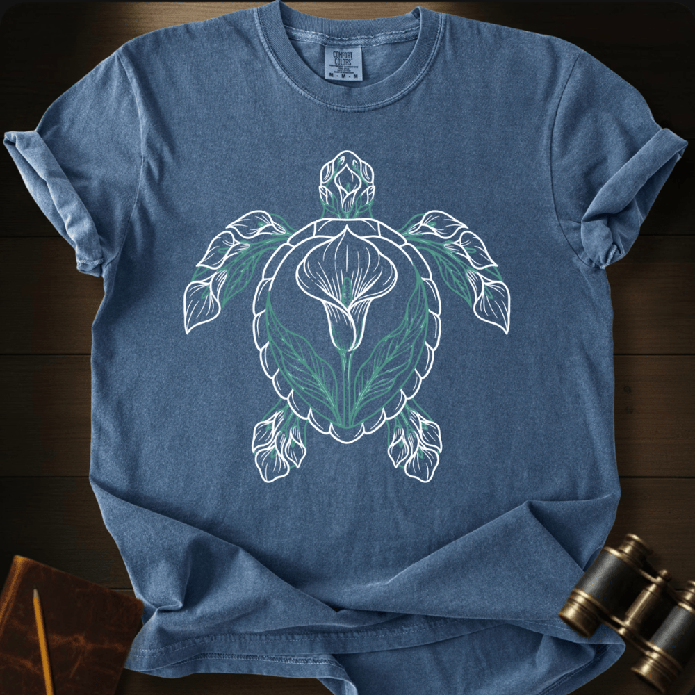 Full Sail Marine Verdant Tide sea turtle graphic Comfort Colors t-shirt in denim – botanical leaf turtle ocean art design – front view