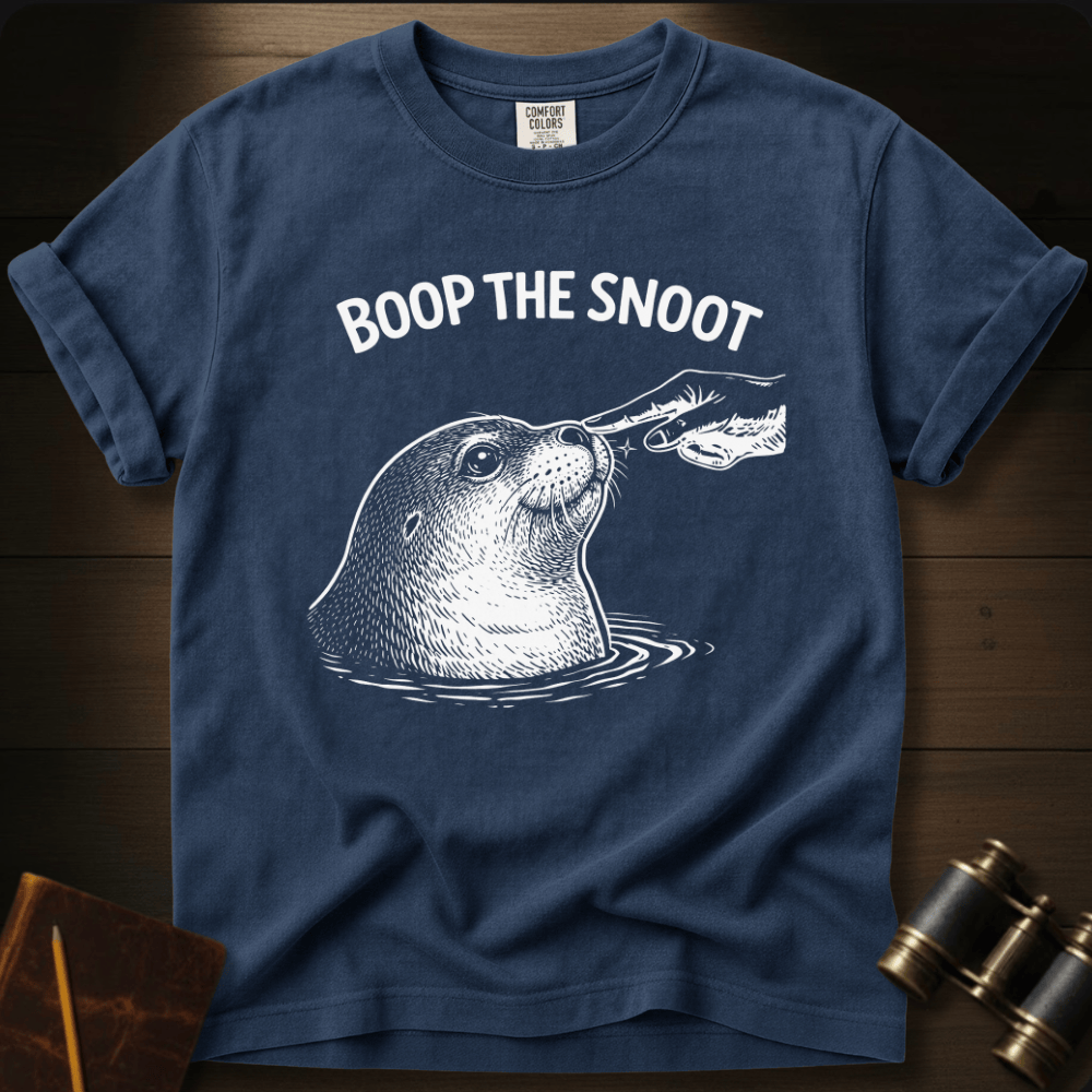 Full Sail Marine Boop the Snoot seal graphic Comfort Colors t-shirt in blue jean – white seal being booped on nose by hand with BOOP THE SNOOT text design – front view