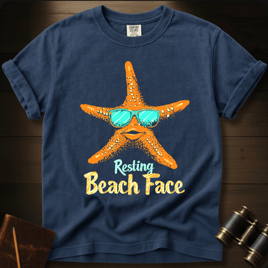 Full Sail Marine Resting Beach Face starfish sunglasses graphic Comfort Colors t-shirt in Navy – colorful starfish wearing tropical sunglasses with beach palm reflection funny text design – front view