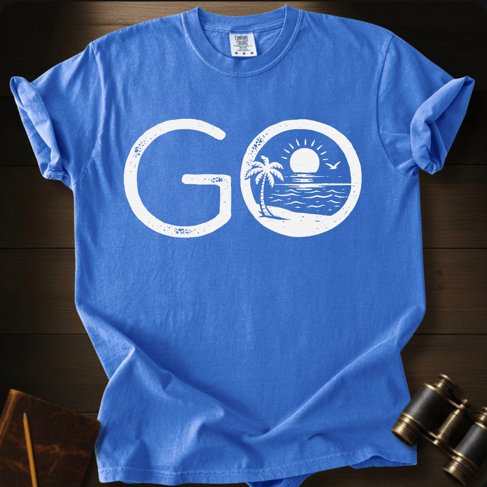 Full Sail Marine Go! tropical beach palm tree graphic Comfort Colors t-shirt in navy blue – GO text with sunset ocean scene – front view