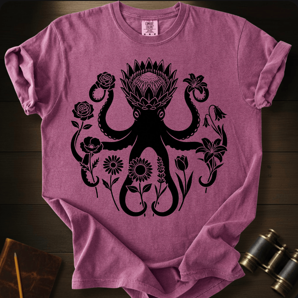 Full Sail Marine Wild Bloom Kraken floral octopus graphic Comfort Colors t-shirt in berry – botanical kraken ocean art design – front view