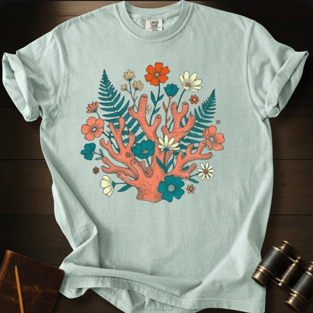 Full Sail Marine Ocean Garden coral reef and wildflower graphic Comfort Colors t-shirt in bay – botanical ocean art design – front view