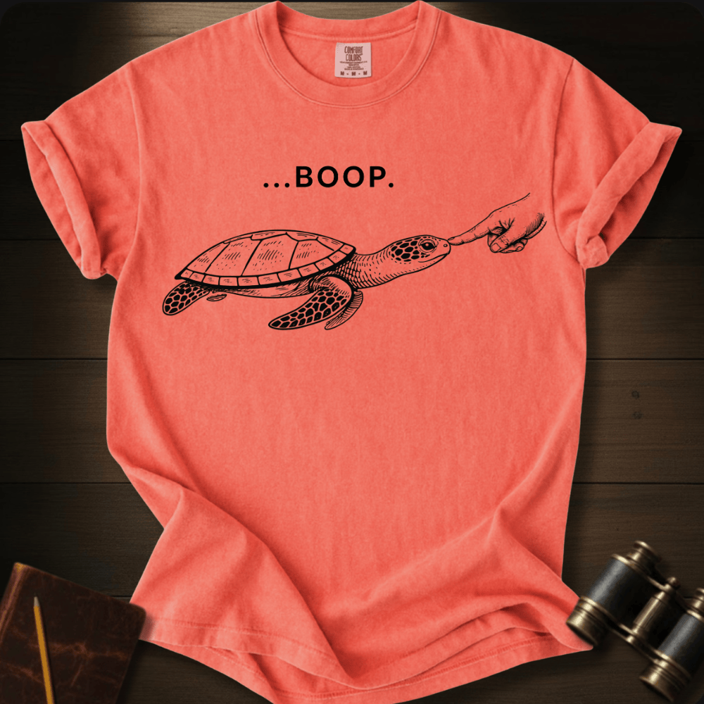 Full Sail Marine Turtle Boop sea turtle graphic Comfort Colors t-shirt in bright salmon – cute sea turtle reaching flipper with BOOP text design – front view