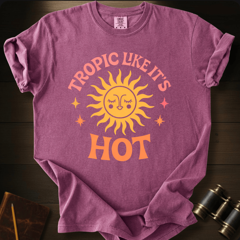 Full Sail Marine Tropic Like Its Hot sun face graphic Comfort Colors t-shirt in Berry – retro sunshine with sparkle stars tropical summer text design – front view