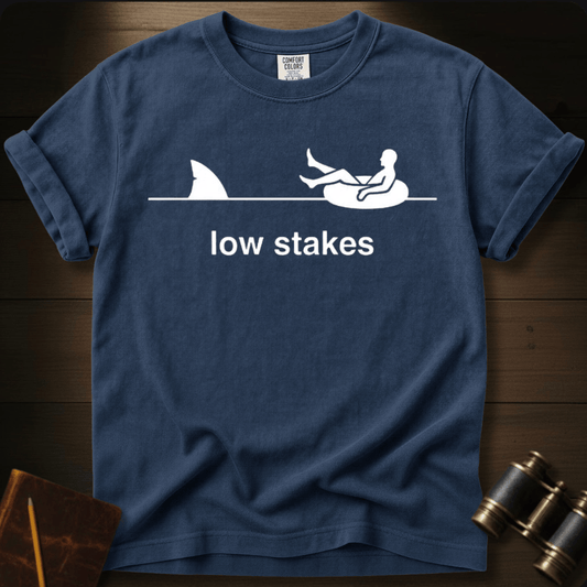 Full Sail Marine Low Stakes shark fin and relaxing person funny graphic Comfort Colors t-shirt in navy – humorous ocean fishing design – front view