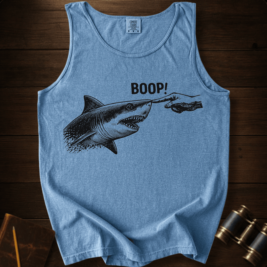 Full Sail Marine Boop shark nose touch graphic Comfort Colors tank top in Blue Jean – great white shark booping finger ocean art funny design – front view