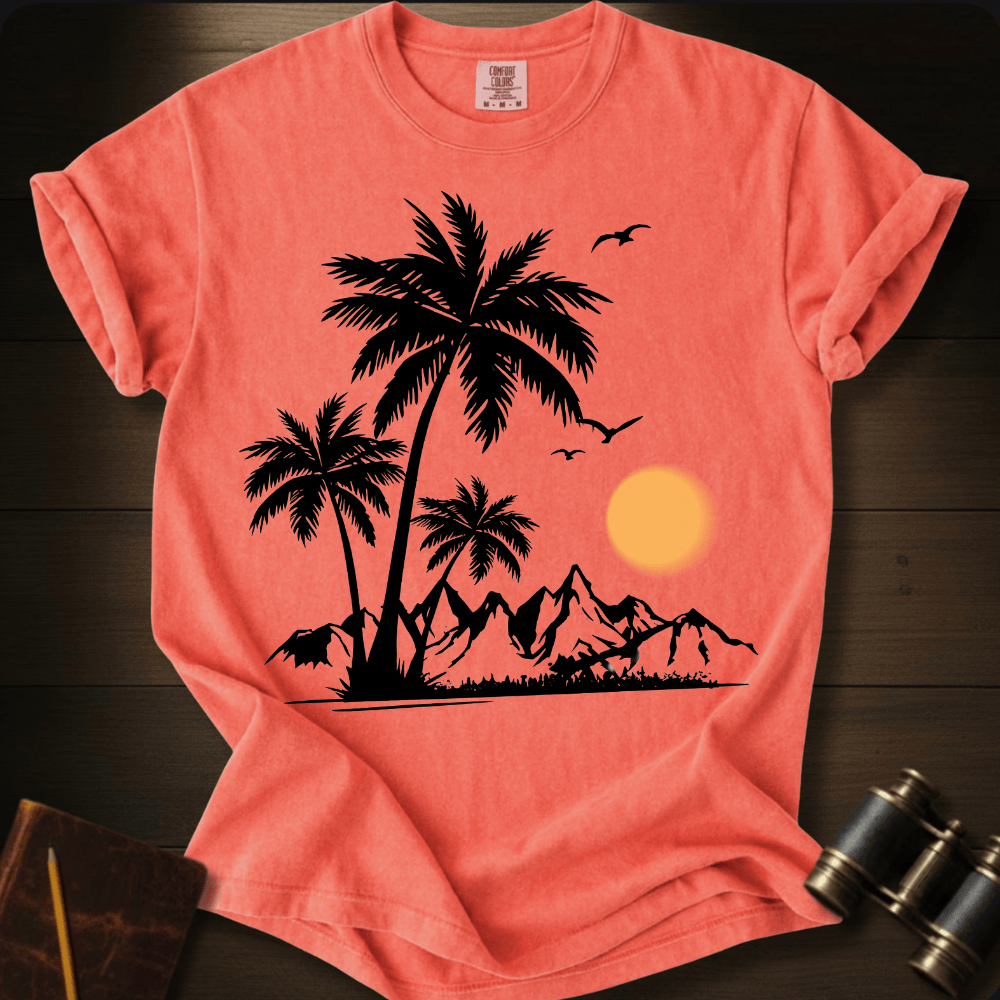 Full Sail Marine Sunfall Palms tropical palm trees and mountains silhouette graphic Comfort Colors t-shirt in bright salmon – beach sunset scene with birds design – front view