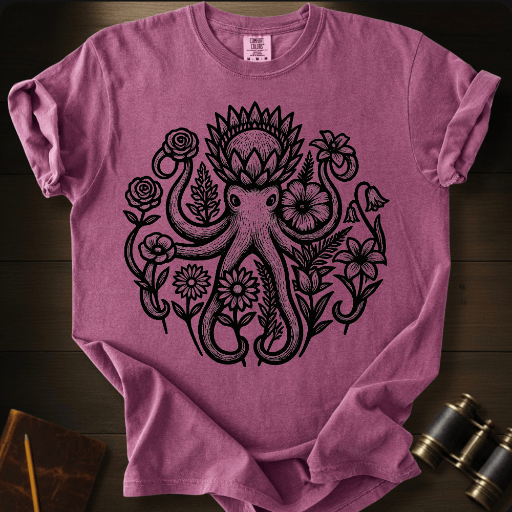 Full Sail Marine Savage Bloom floral octopus graphic Comfort Colors t-shirt in berry – detailed botanical kraken ocean art design – front view