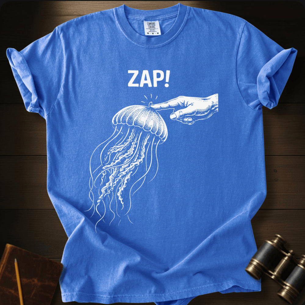 Full Sail Marine Zap! jellyfish graphic Comfort Colors t-shirt in flo blue – white jellyfish being touched by hand with ZAP text design – front view