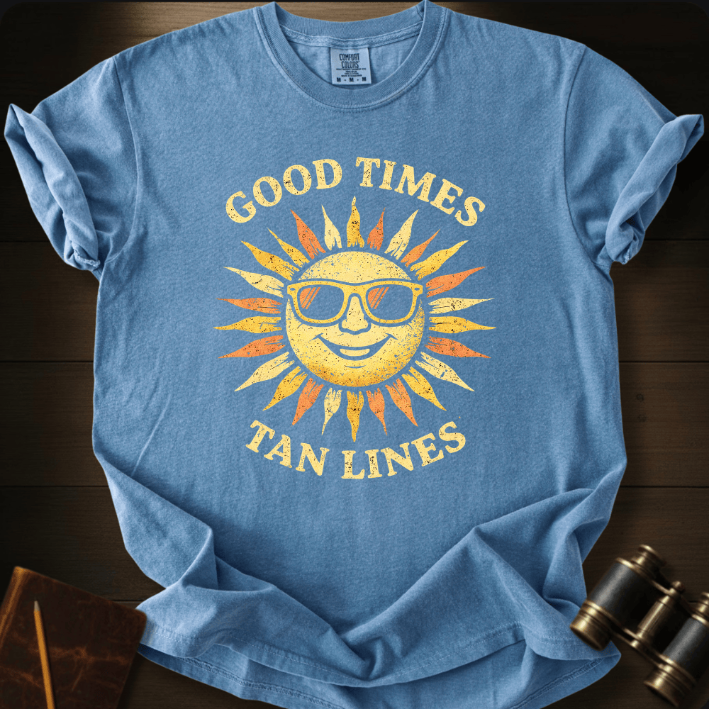 Full Sail Marine Good Times Tan Lines sun with sunglasses graphic Comfort Colors t-shirt in ice blue – retro smiling sun wearing shades with Good Times Tan Lines text design – front view