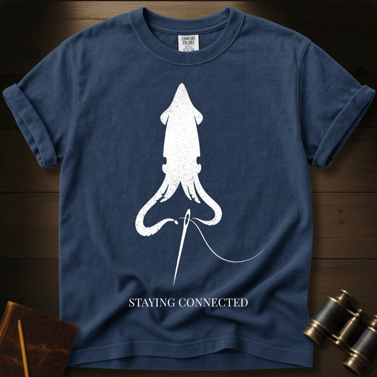 Full Sail Marine Staying Connected squid with fishing hook funny graphic Comfort Colors t-shirt in blue jean – ocean fishing humor design – front view