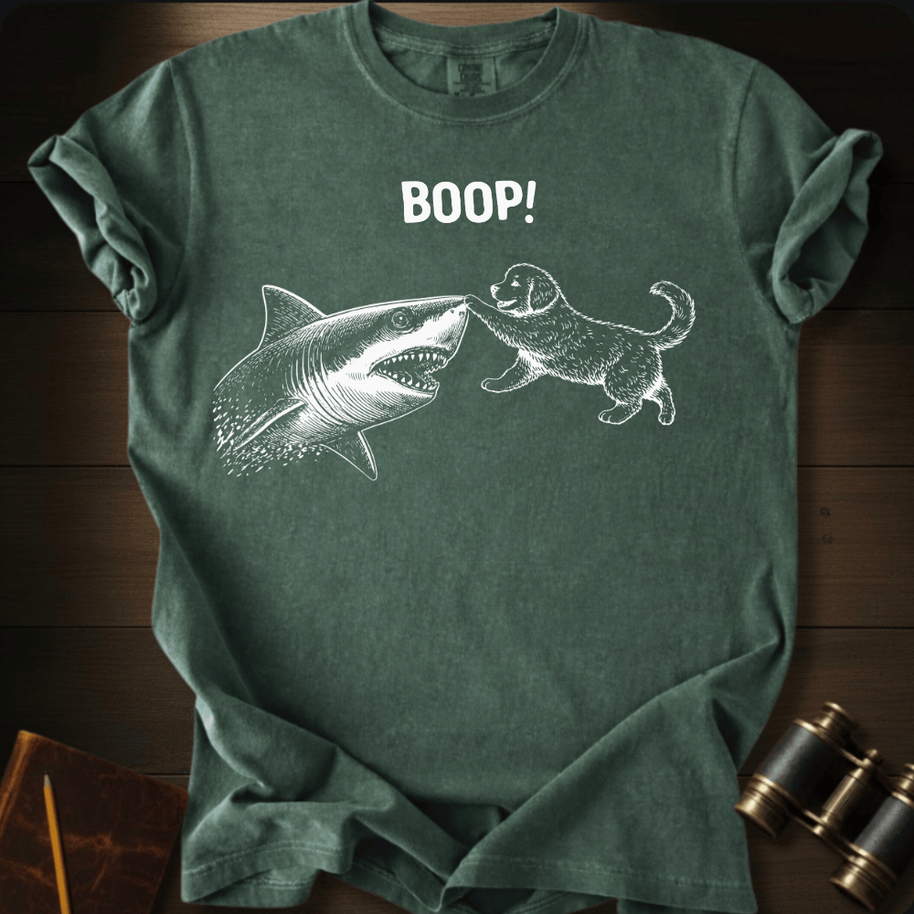 Full Sail Marine Puppy Boop shark graphic Comfort Colors t-shirt in hemp green – puppy booping great white shark nose – front view