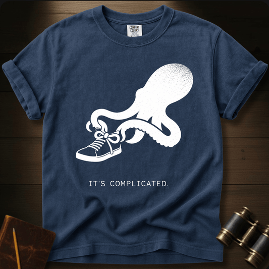 Full Sail Marine It's Complicated octopus with sneaker funny graphic Comfort Colors t-shirt in navy – humorous ocean creature design – front view