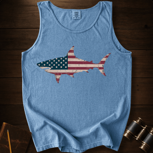 Shark Flag patriotic graphic on a Comfort Colors tank top – Full Sail Marine ocean apparel
