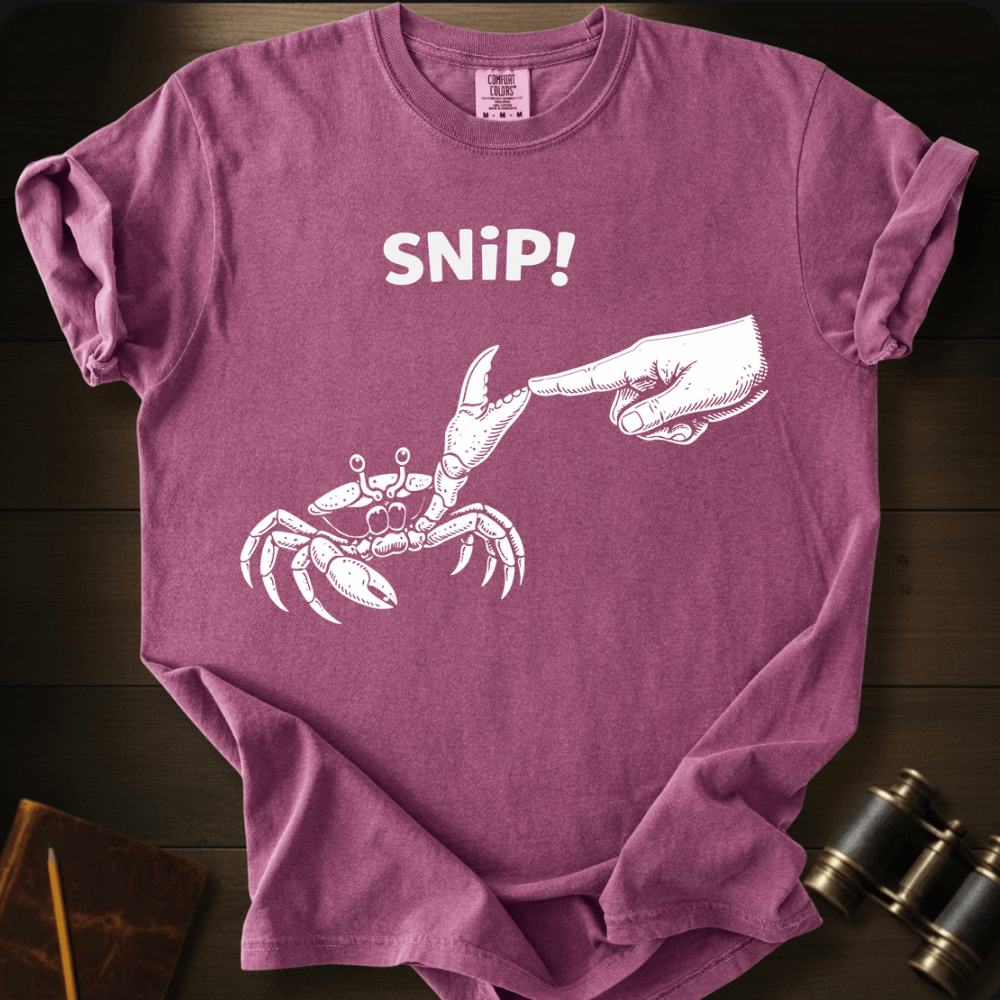 Full Sail Marine Snip! crab and hand graphic Comfort Colors t-shirt in berry – white crab claw snipping hand with SNiP text design – front view