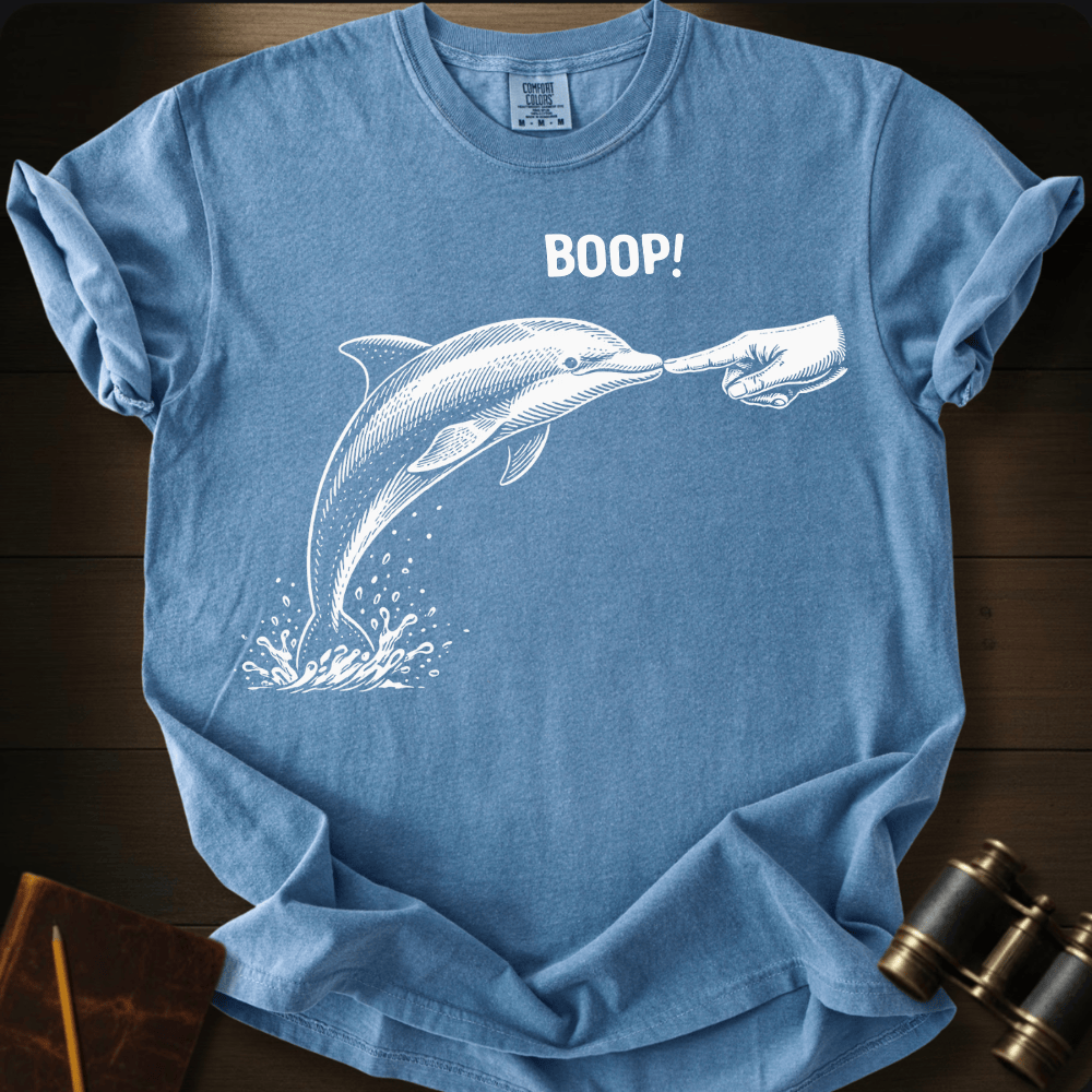Full Sail Marine Boop! dolphin graphic Comfort Colors t-shirt in ice blue – white dolphin being booped on nose with hand and BOOP text design – front view