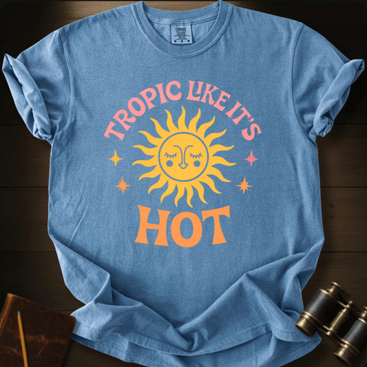 Full Sail Marine Tropic Like Its Hot sun face graphic Comfort Colors t-shirt in Blue Jean – retro sunshine with sparkle stars tropical summer text design – front view