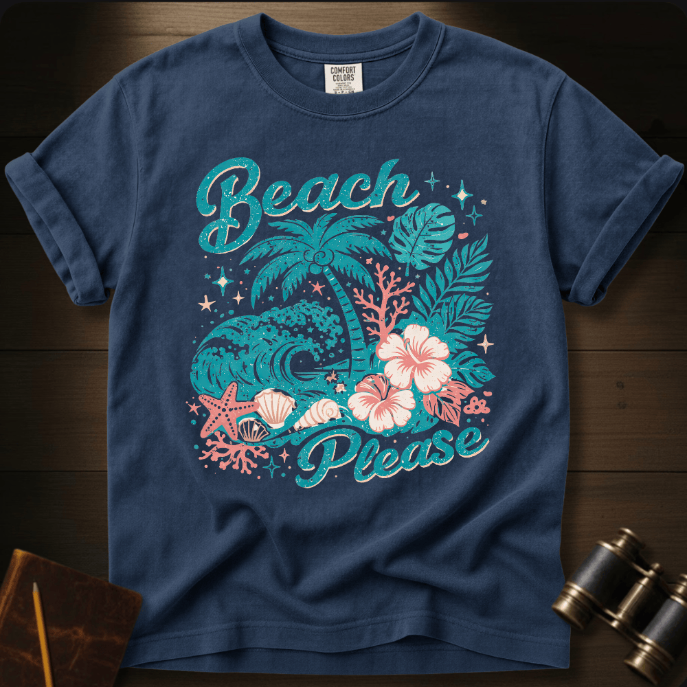 Full Sail Marine Beach Please tropical graphic Comfort Colors t-shirt in Blue Jean – palm trees waves hibiscus flowers starfish seashells beach art design – front view